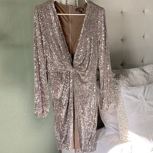 Taupe and silver sequin wrap dress. Size large
